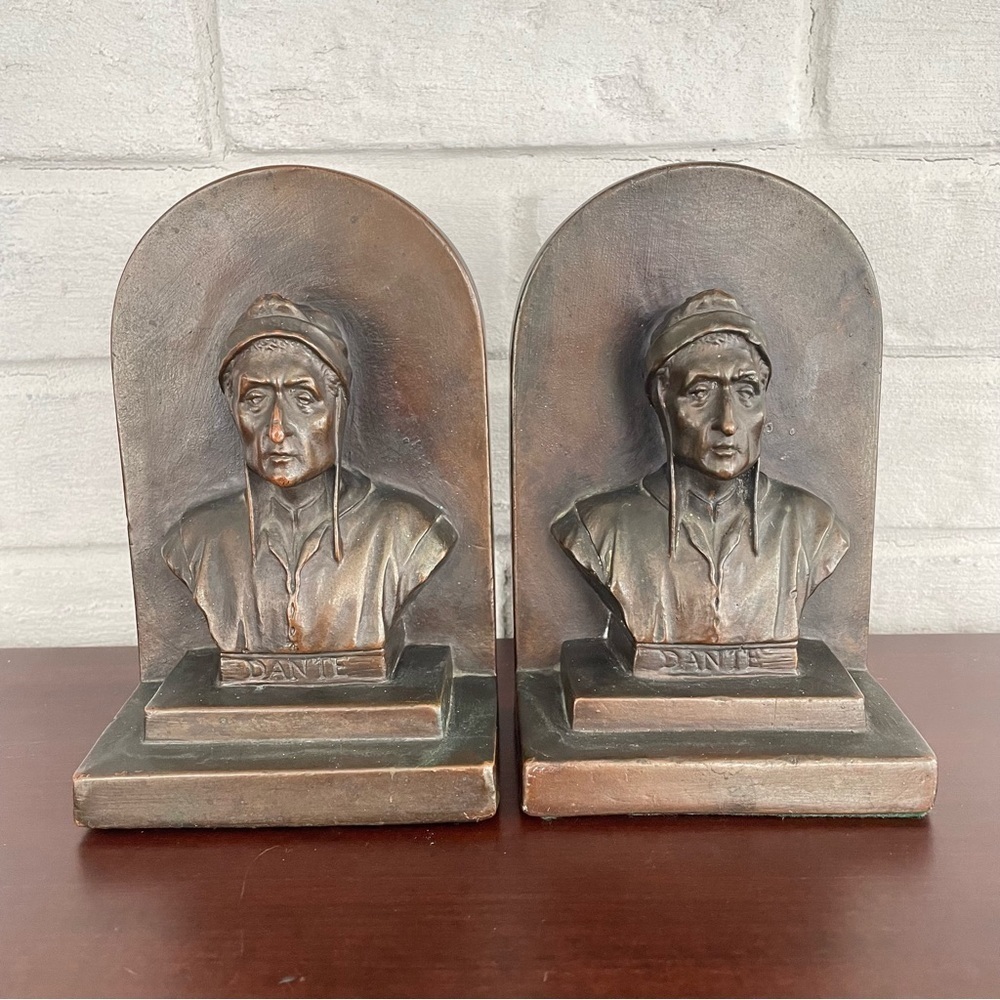 Vintage Antique Sculpture Dante Bronze Bookends